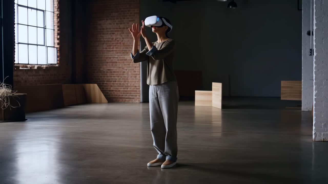 Woman Interacting with Virtual Reality Headset in a Large Empty Space