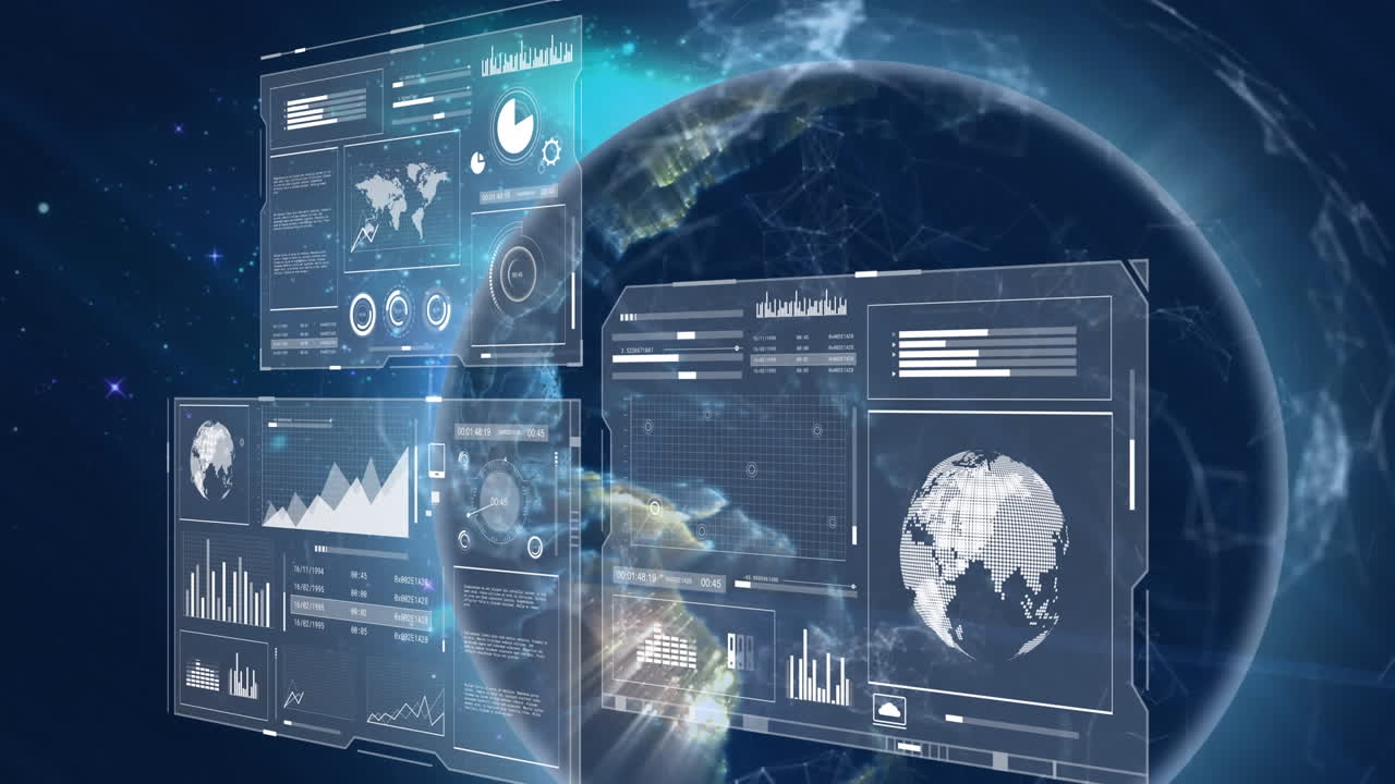 Animation of data processing on screens and globe