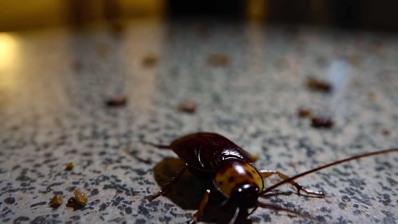 Close-up, low-angle video shot of a cockroach on a speckled floor, highlighting its texture