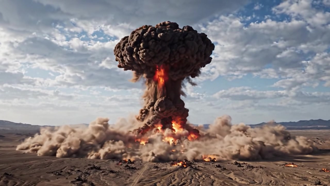 A dramatic sequence showcasing the stunning visual effects of an explosive detonation in a desolate landscape, highlighting the power and impact of the explosion.
