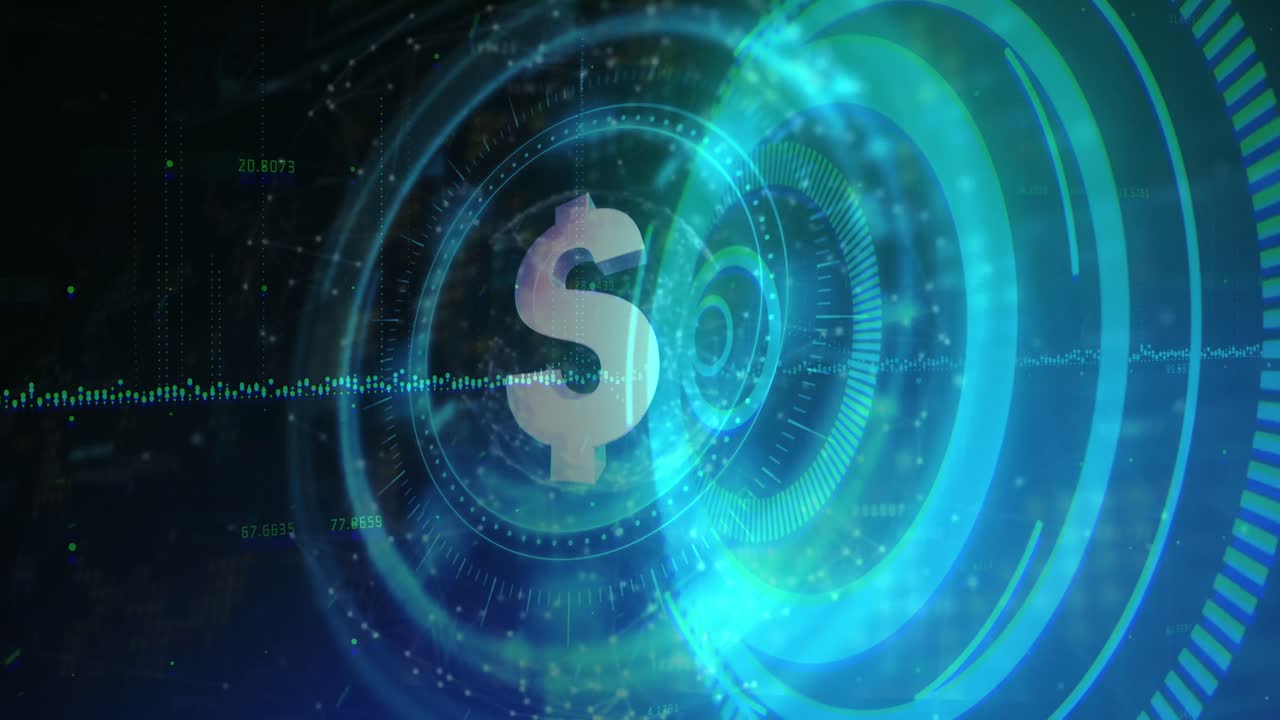 símbolo de dólar girando sobre escáner redondo azul neón contra un fondo negro