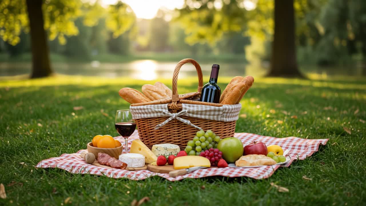 An Inviting Picnic Scene Featuring a Bountiful Basket of Bread, Cheese, Fresh Fruits, and a Glass of Wine Set Against a Serene Outdoor Backdrop