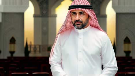 businessman wearing a keffiyeh is posing in a mosque. he is looking away from the camera. the sun is shining through the doorway