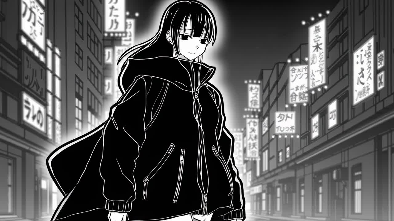 Anime-style video frame of a girl in a hoodie, low-angle shot, city street with neon signs, black