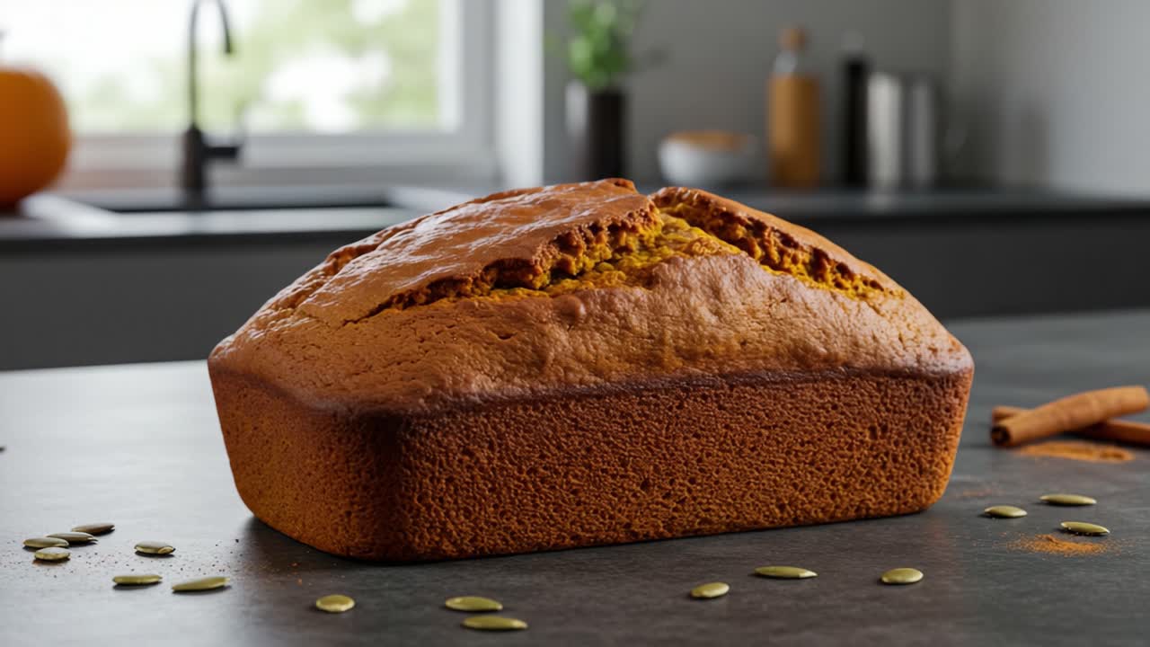 Delicious Pumpkin Bread Rising in the Kitchen: A Visual Delight of Freshly Baked Goodness with Pumpkin Seeds and Spices, Perfect for Fall Celebrations and Family Gatherings