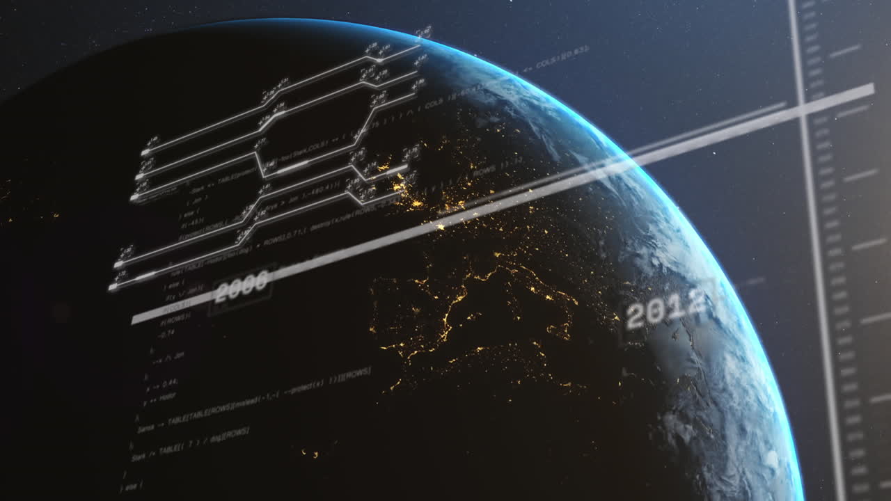 우주에서 회전하는 지구와 빛의 반점에 대한 데이터 처리에 대한 인터페이스의 애니메이션