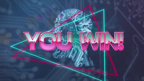 Animation-of-pink-metallic-text-you-win,-on-neon-lines,-over-glowing-computer-motherboard
