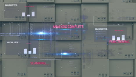 digital interface with data processing against stack of delivery boxes in background