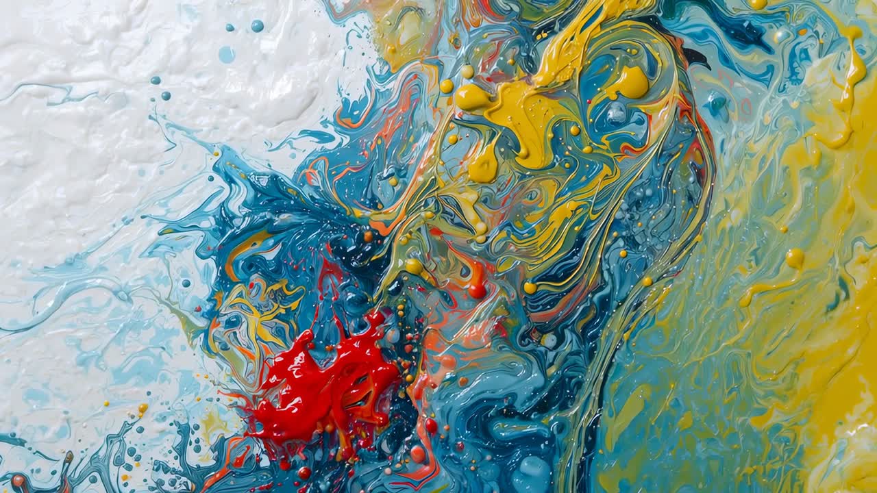 Pouring thick blue yellow red paint spreading and marbling on tabletop panel, creating beads