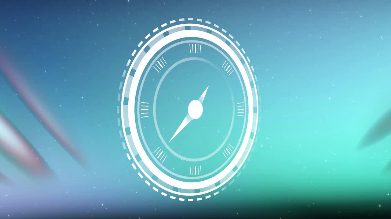 Circular interface being animated in star field with colored rings and rotating triangular hands