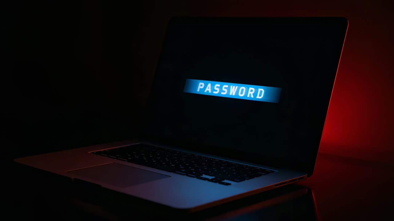 Pulsing laptop showing PASSWORD prompt on shiny desk, awaiting login amid blue-red rim glow