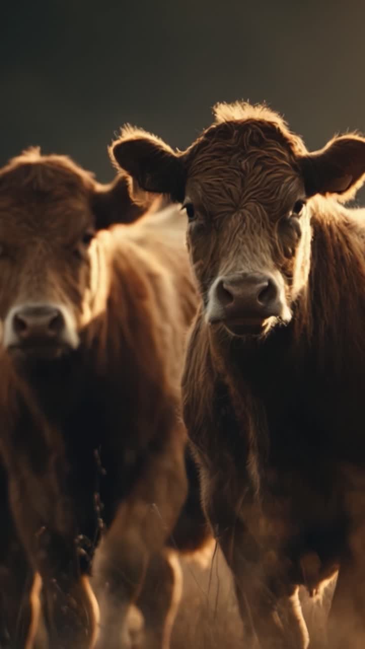 A Serene Evening with Cows: Captivating Frames Show Cattle in Soft Light, Illuminating Their Gentle Expressions and Natural Beauty on the Farm