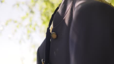close-up of a dark navy jacket button detail