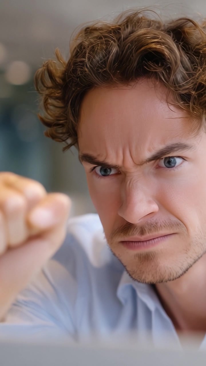 Intense Expression of Frustration and Anger Captured in a Close-Up of a Man with Curly Hair, Clenching His Fist, Captivating the Emotion of the Moment