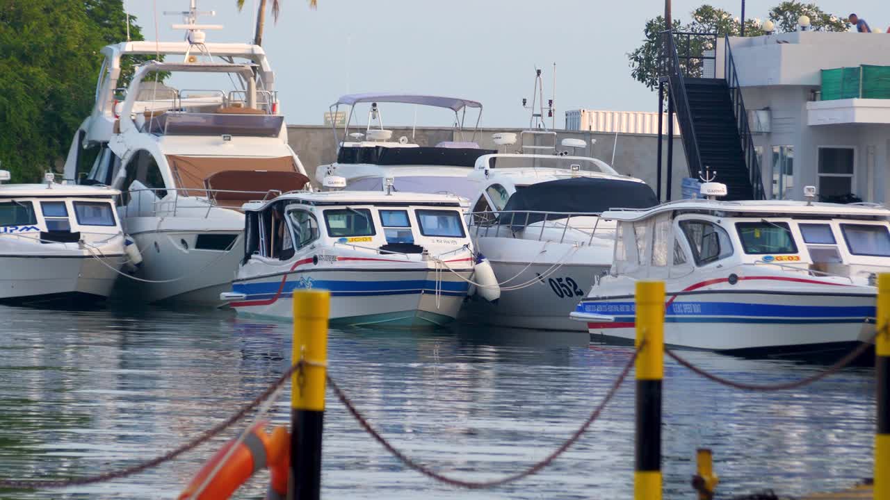 Ferry boat moored at port, calm water transportation, calm ocean water