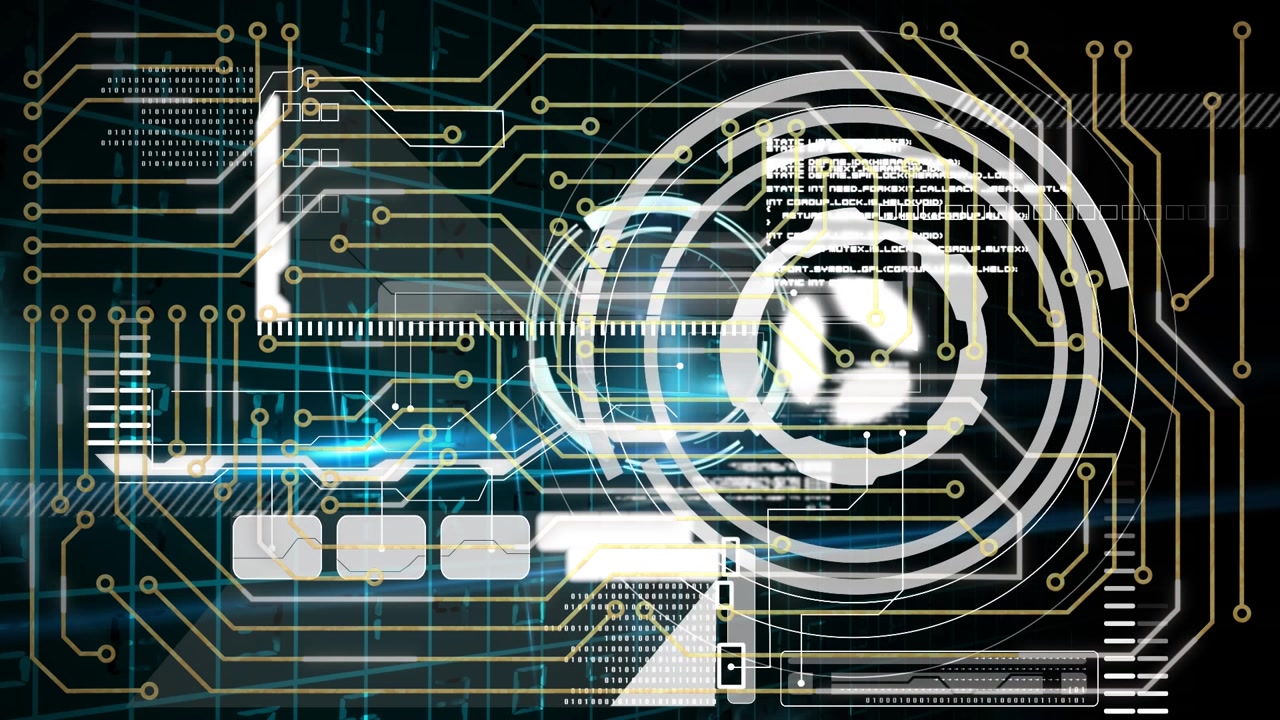 Digital Technology Interface with Circuit Board Patterns and Data HUD