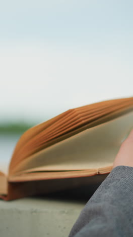 vista de fondo de un individuo con ropa gris sosteniendo un libro abierto, mientras la persona abre una nueva página mientras el viento sopla suavemente a través de las páginas