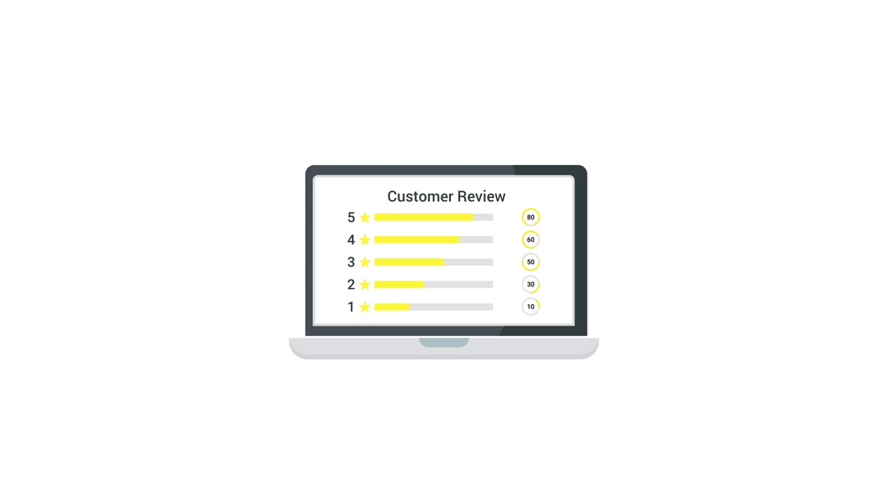 Animated Customer Review and Star Rating Display on Laptop Screen