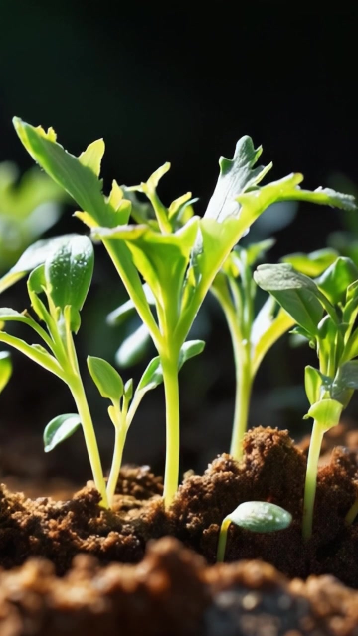Piantine Verdi Rigogliose Che Emergono da Terreno Fertile, Avvolte in una Soffusa Luce Naturale, Rappresentando Crescita, Rinnovamento e la Bellezza della Natura in un Ambiente Pacifico