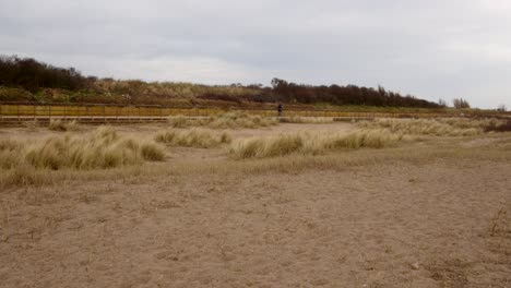 Mirando-Hacia-El-Interior-A-Través-De-Las-Dunas-De-Arena-Marram-Hierba-Con-El-Camino-Costero