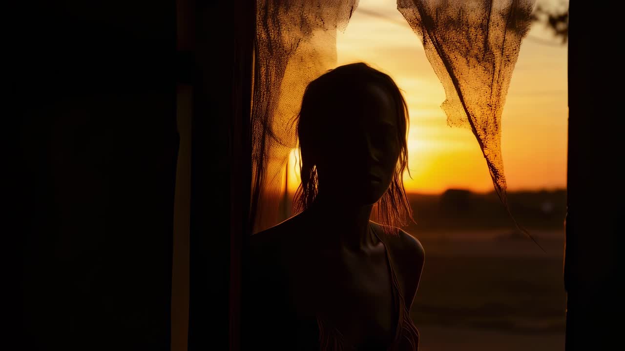 Lone female silhouette framing desolate sunset through shattered window, embodying isolation, resilience, and transformative potential within abandoned interior