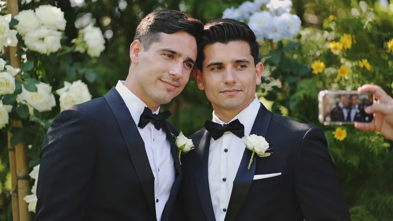 Posing two grooms leaning close, wearing tuxedos, rose boutonnieres in garden as hand raising phone