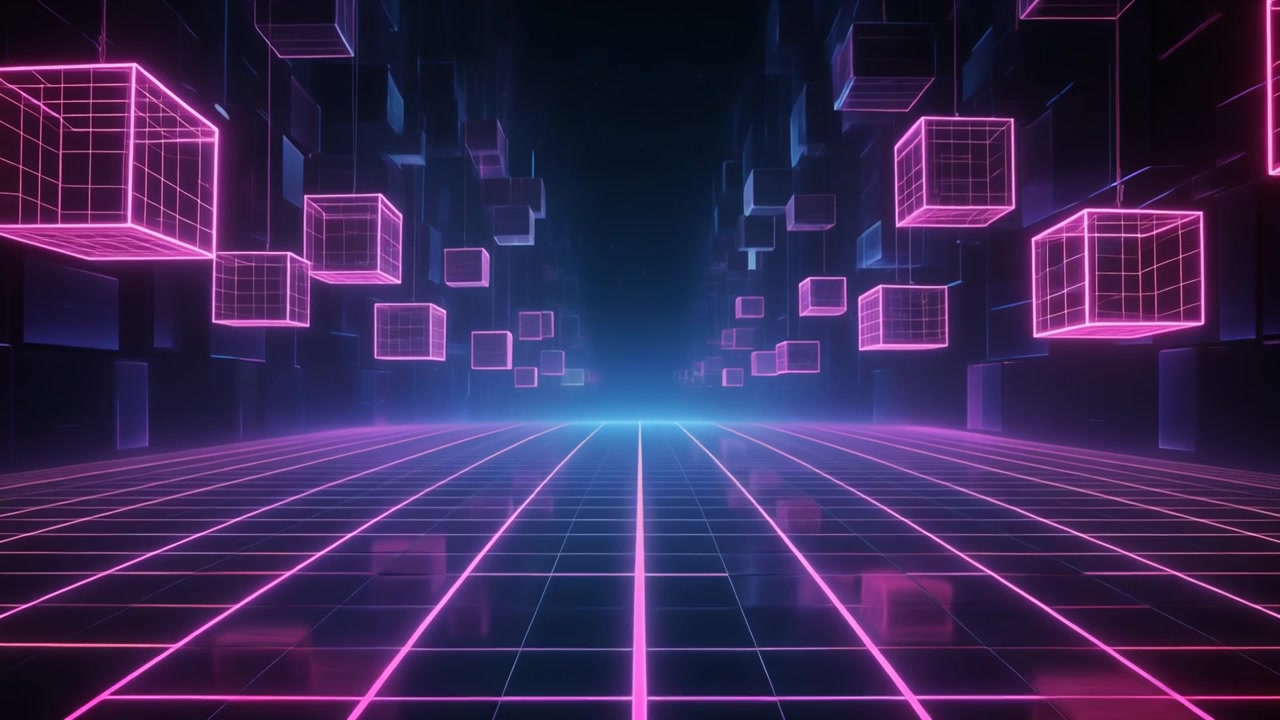 Tunnel futuristico a griglia al neon con cubi luminosi fluttuanti
