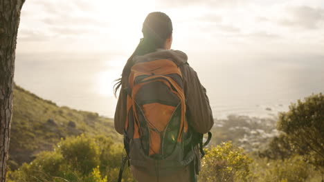 woman, trekking and freedom on mountain