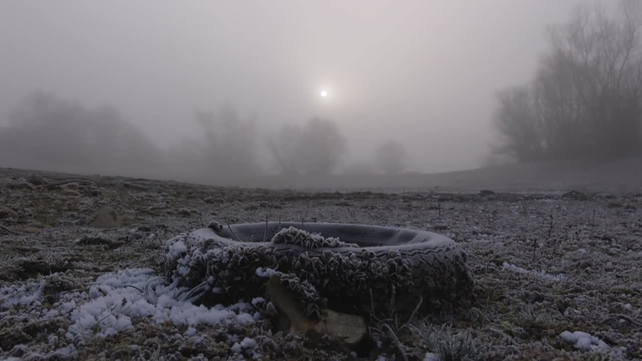 old rubber wheel lost on cold shore during winter fog