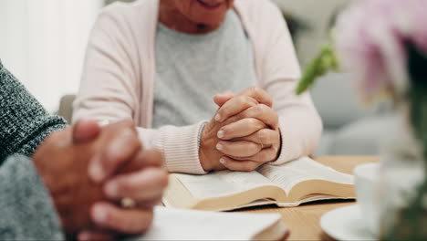 closeup, senior couple and hands for praying