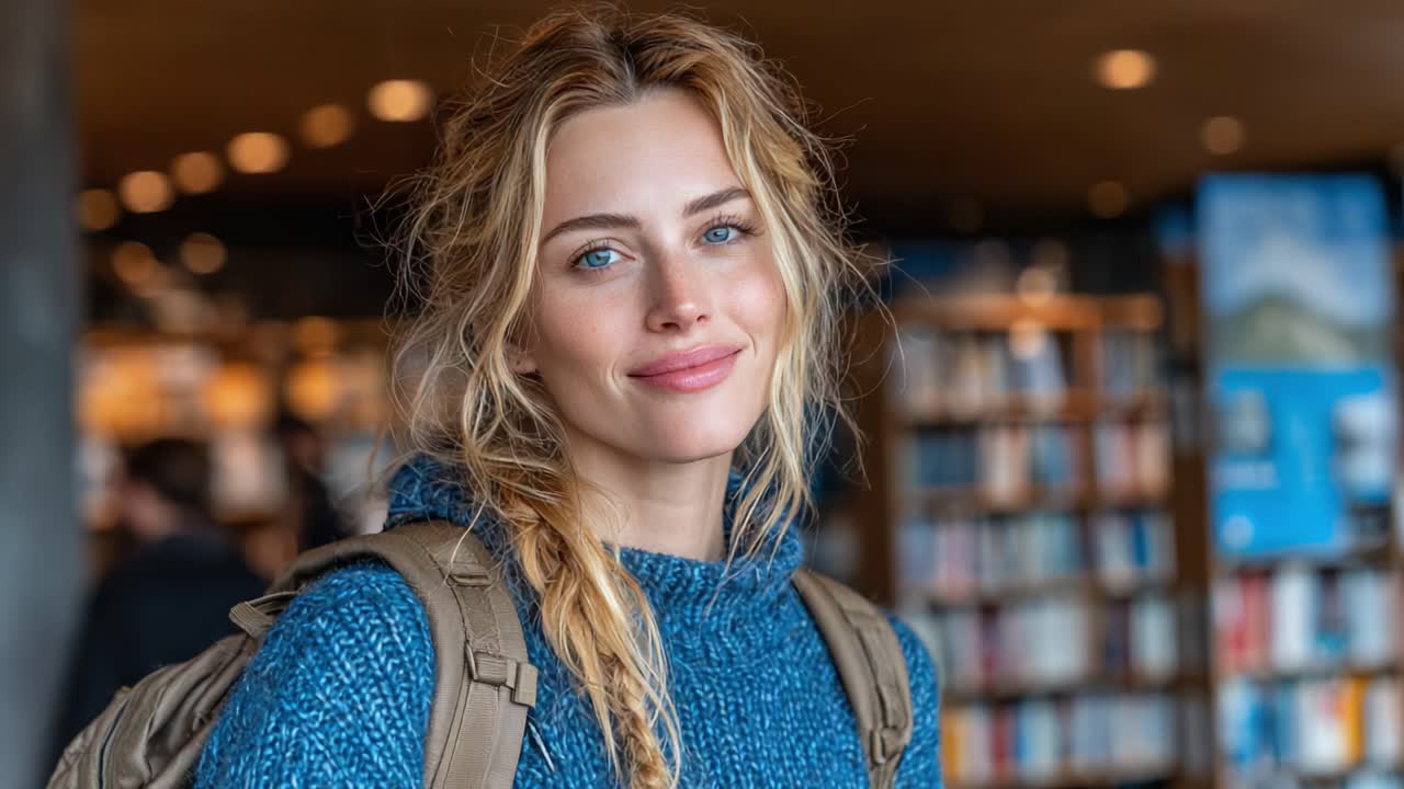 Un sorriso caloroso e accattivante: una giovane donna in un ambiente accogliente, circondata da libri, che trasmette fiducia e tranquillità in un'atmosfera ospitale