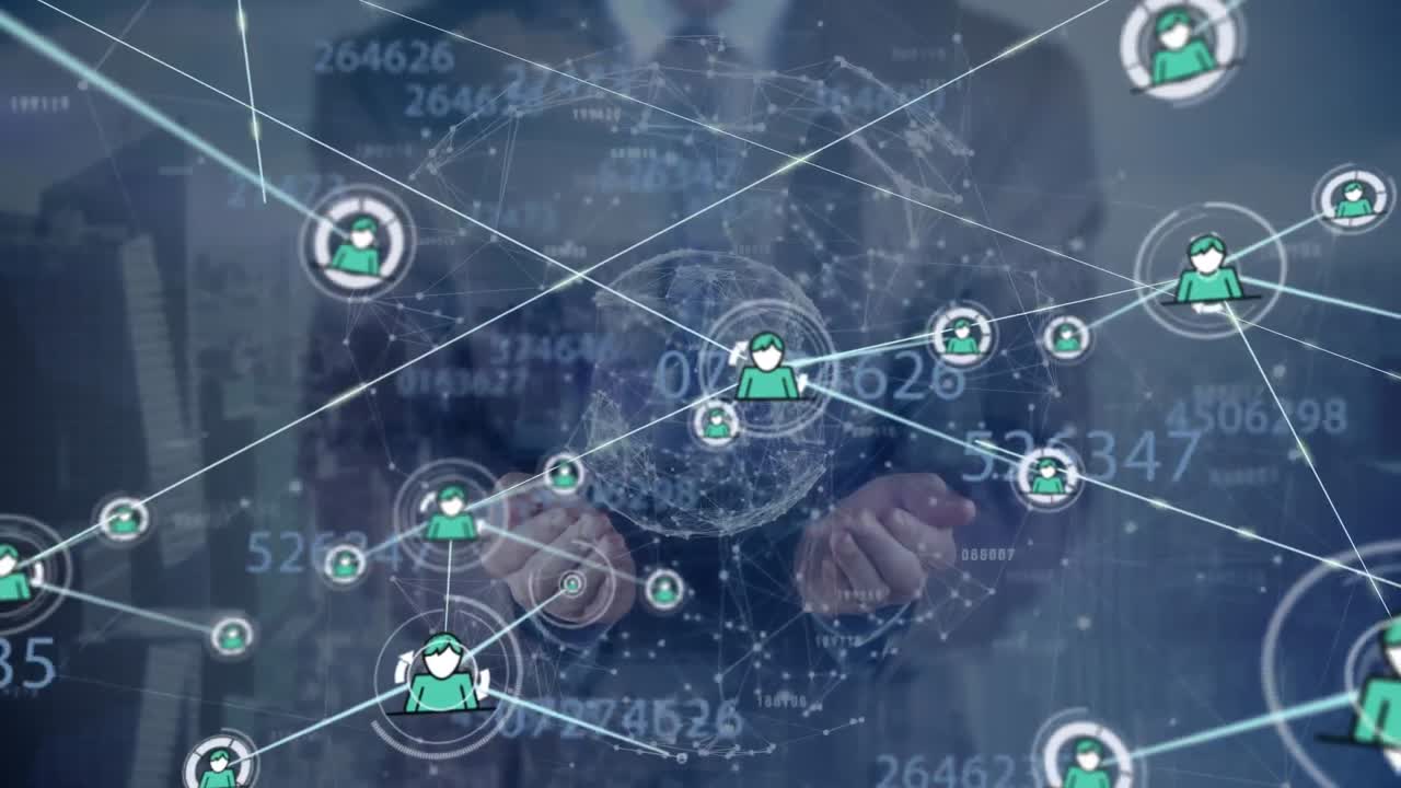 animación de la red de conexiones con personas iconos sobre procesamiento de datos y puntos