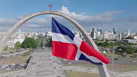 close up shot of flag of dominican republic on memorial at plaza de la bandera, dominican republic