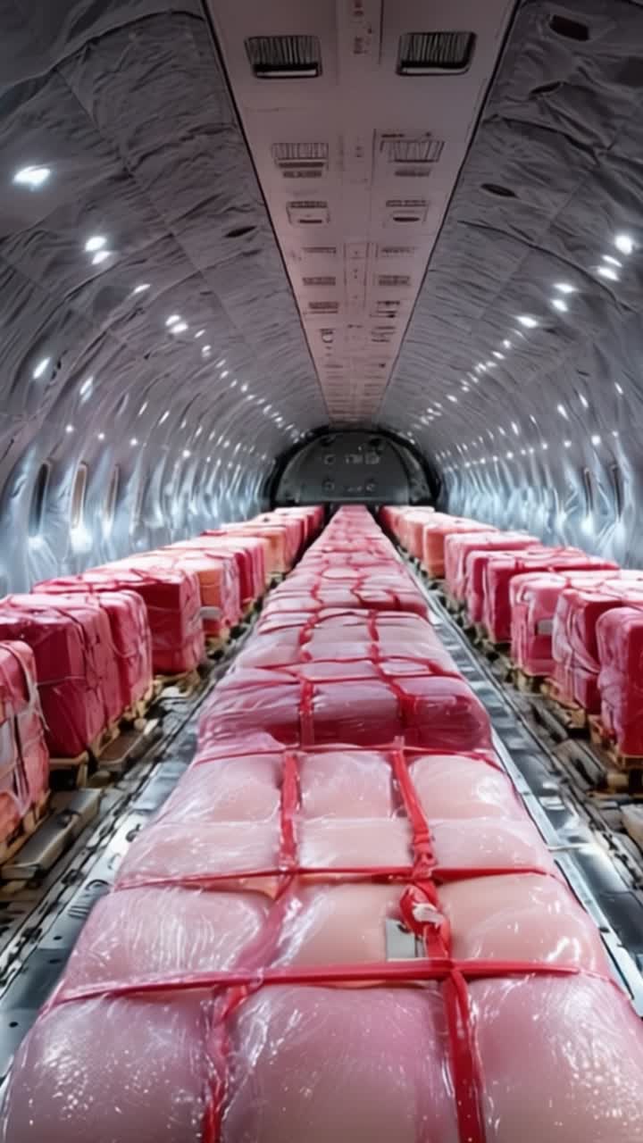 Cargo Plane Interior Filled with Sealed Bales Highlighting Efficient Transportation of Goods in a Streamlined Aircraft Environment