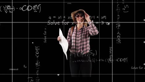 Animation-of-mathematical-equations-over-happy-woman-with-map