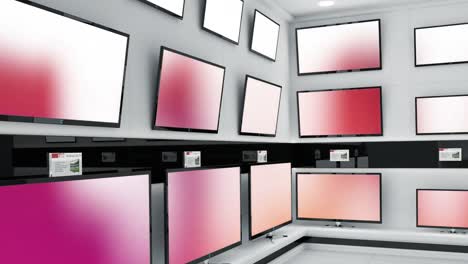 Animation-of-rows-of-television-sets-in-store-with-glowing-screens-with-copy-space