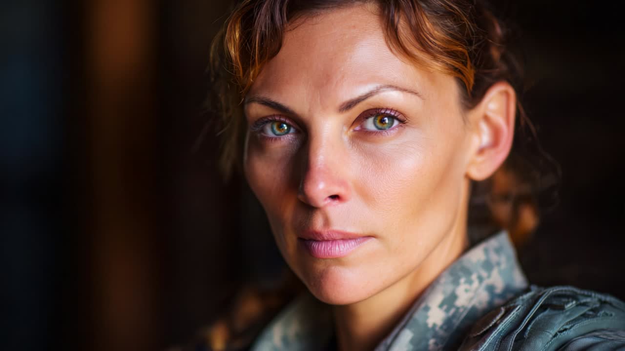 A Strong, Determined Woman in Military Uniform Reflects Courage and Resilience, Exhibiting Leadership and Strength, Captured in Two Distinct Frames Showcasing Her Unyielding Spirit and Commitment
