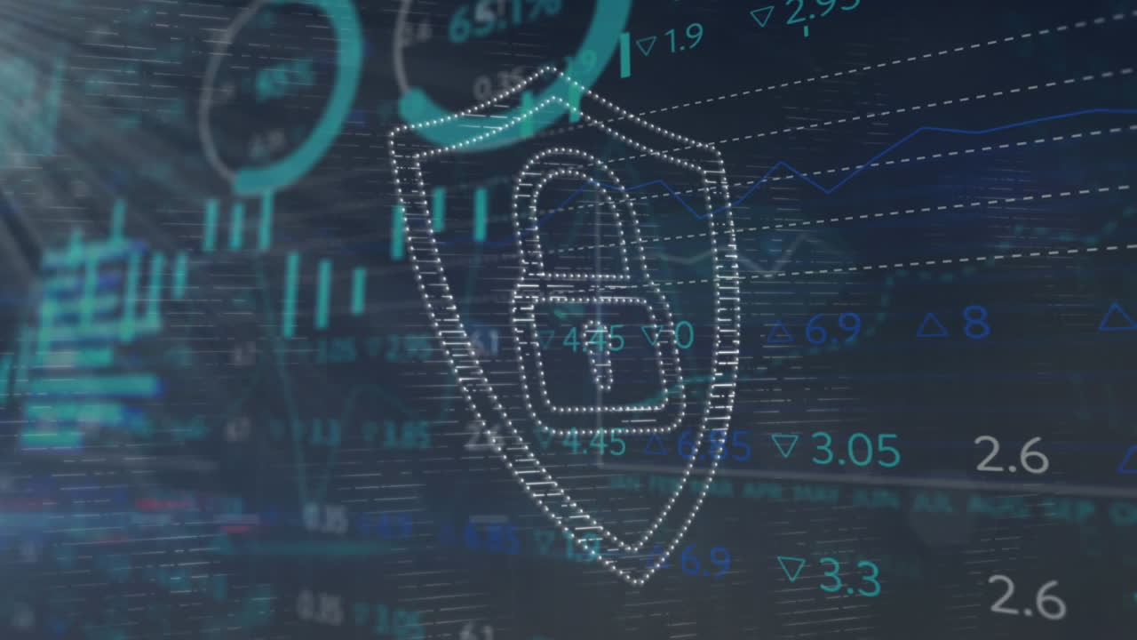 보안 잠금 아이콘의 애니메이션, 주식 시장에 대한 빛의 점 및 통계 데이터 처리