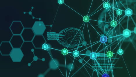 animación del cerebro y el procesamiento de datos de investigación con una red de iconos conectados, en negro
