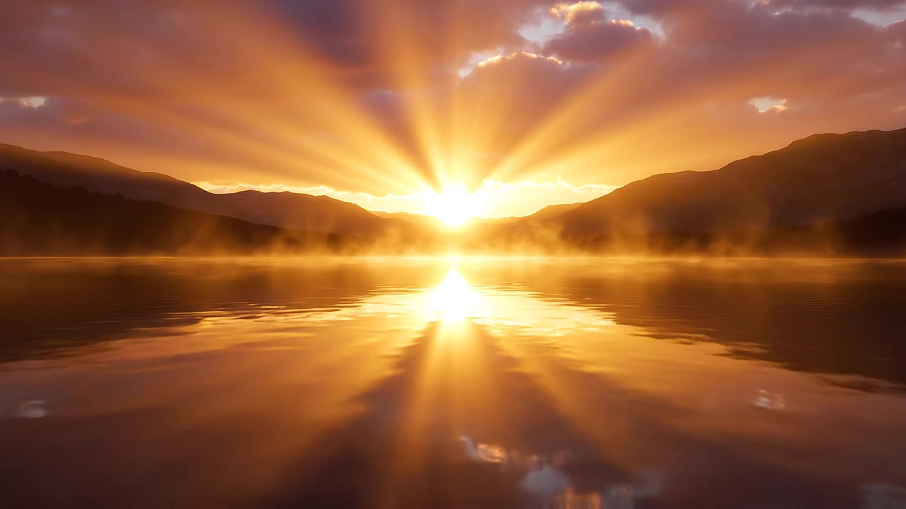 Nascer do sol dourado majestoso refletindo em um lago de montanha nebuloso