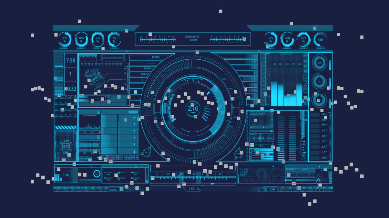 Animation of futuristic digital interface processing data with graphs and charts
