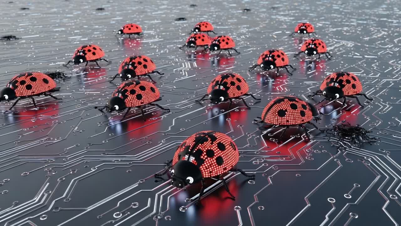 A captivating visual of robotic ladybugs traversing a circuit board landscape, merging nature with technology, highlighting innovative design and futuristic concepts