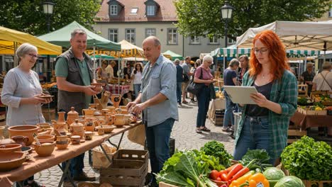 a vibrant outdoor market scene showcasing local vendors engaging with customers, selling handcrafted pottery, fresh vegetables, and artisan goods in a lively atmosphere