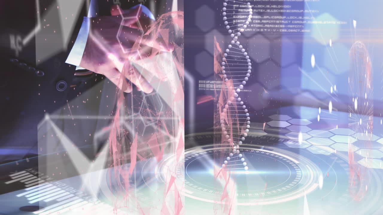 디지털 인터페이스 의료 데이터 처리 보이지 않는 화면을 사용하여 사업가의 중간 섹션에 대하여