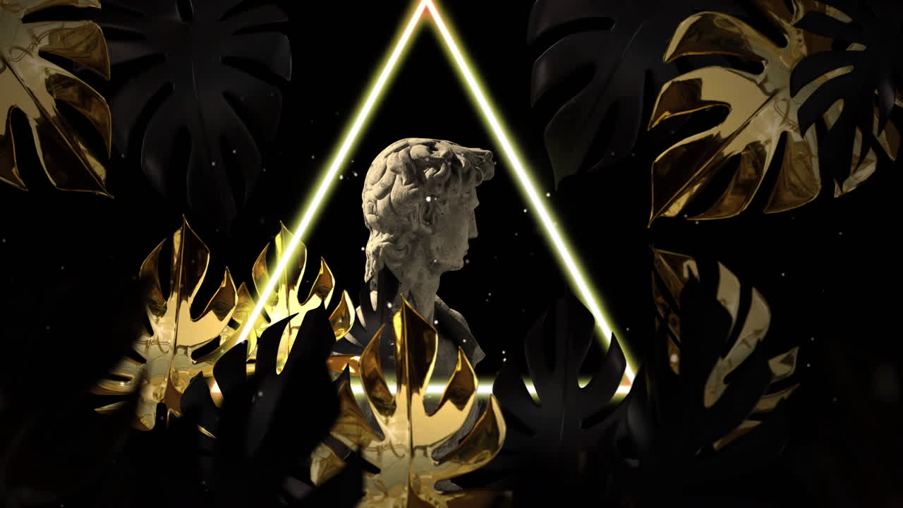 animación de la escultura gris del hombre sobre formas y hojas