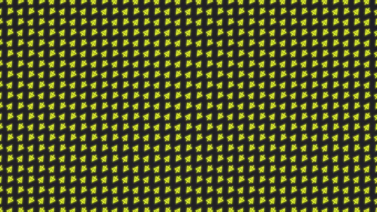 Loopable abstract animated background with small rotating triangles and zig zagging lines tiled on a dark grey background in bright yellow color scheme