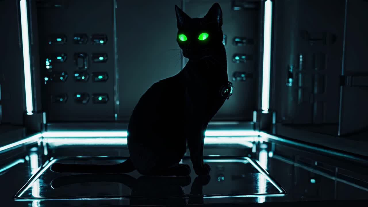 Black Cat in a Futuristic Room