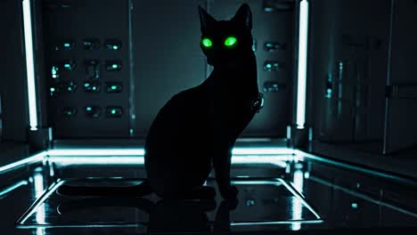 black cat in a futuristic room