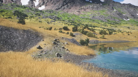 serene mountain landscape with lush greenery and calm water in daylight