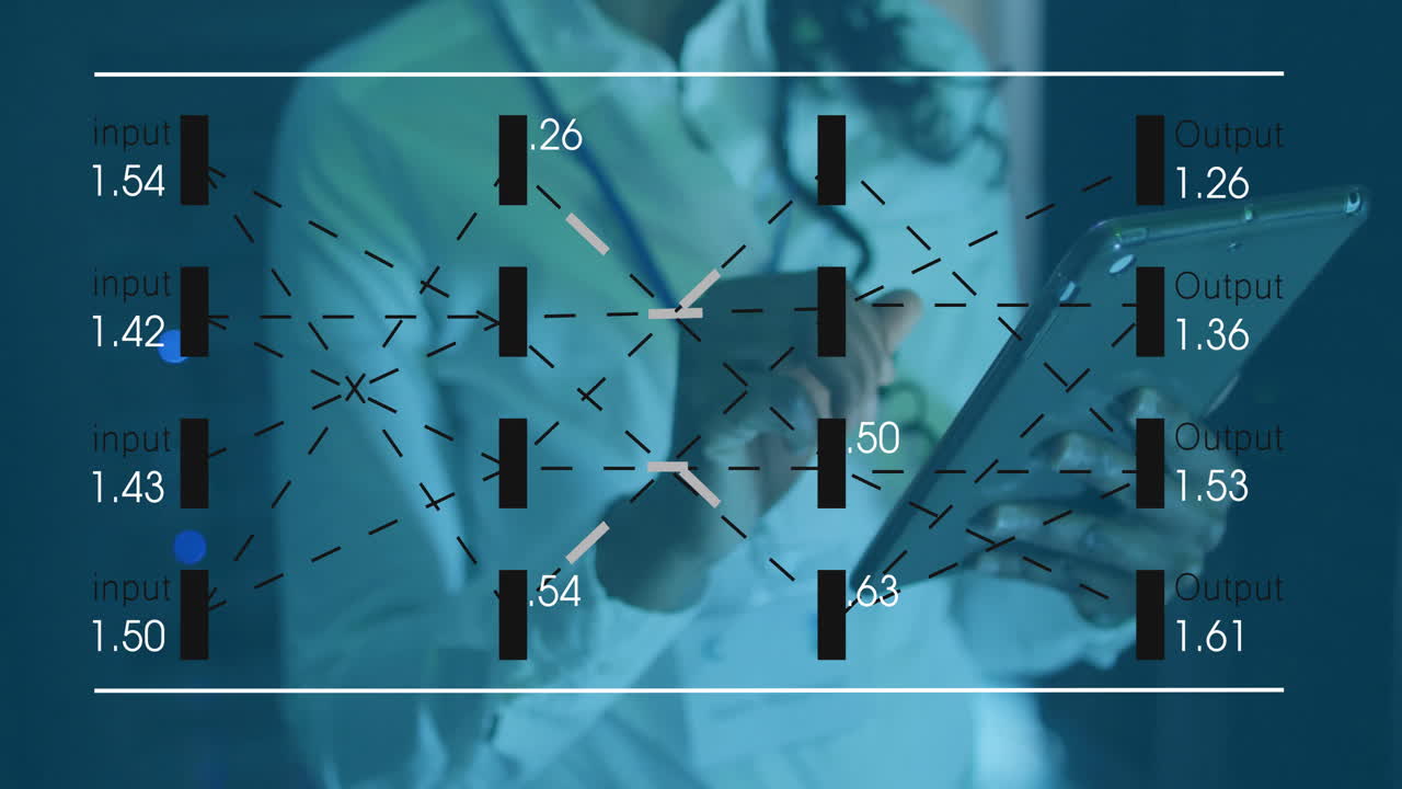Data processing animation over person using tablet with input-output values